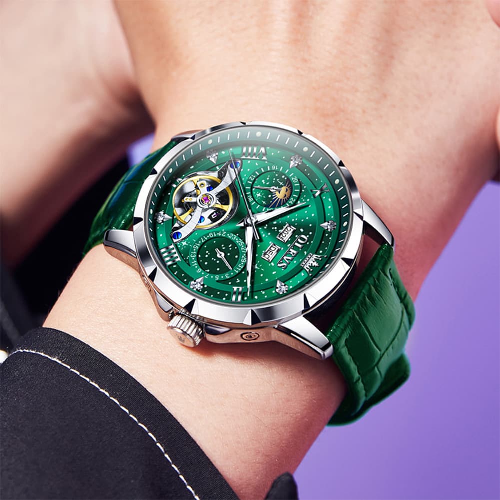OLEVS 6690 Automatic Skeleton Starry Sky Steel Leather Watch for Men