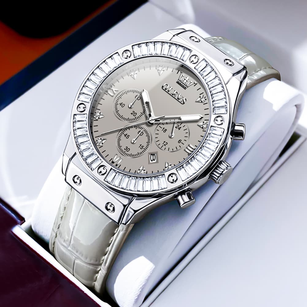 OLEVS 9978 Diamond Bezel Chronograph Leather Watch for Women