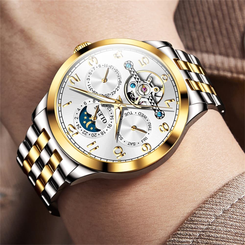 OLEVS 7018 Sun and Moon Skeleton Mechanical Watch for Men