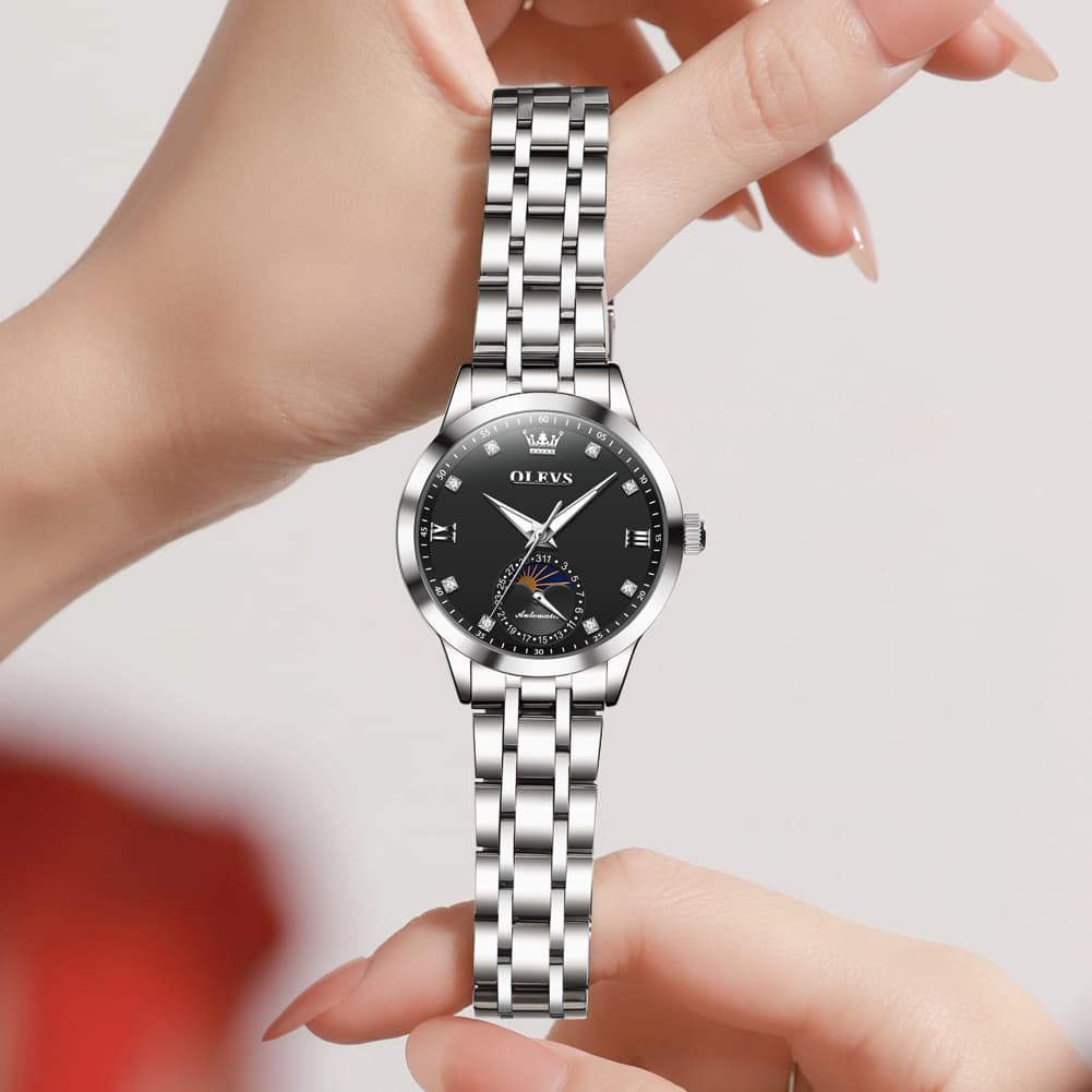 OLEVS 7041 Solid Steel Moon Phase Automatic Watch For Women