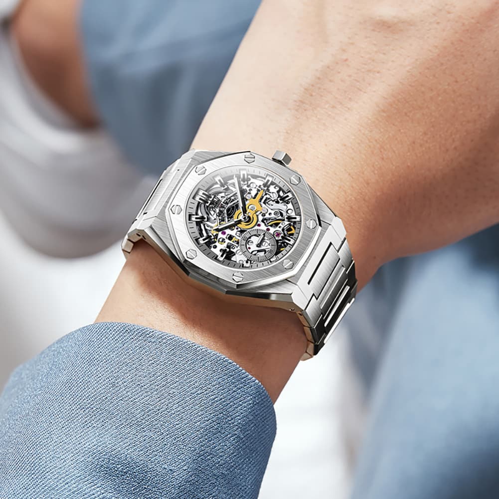 OLEVS 6669 Stainless Steel Octagonal Skeleton Watch for Men