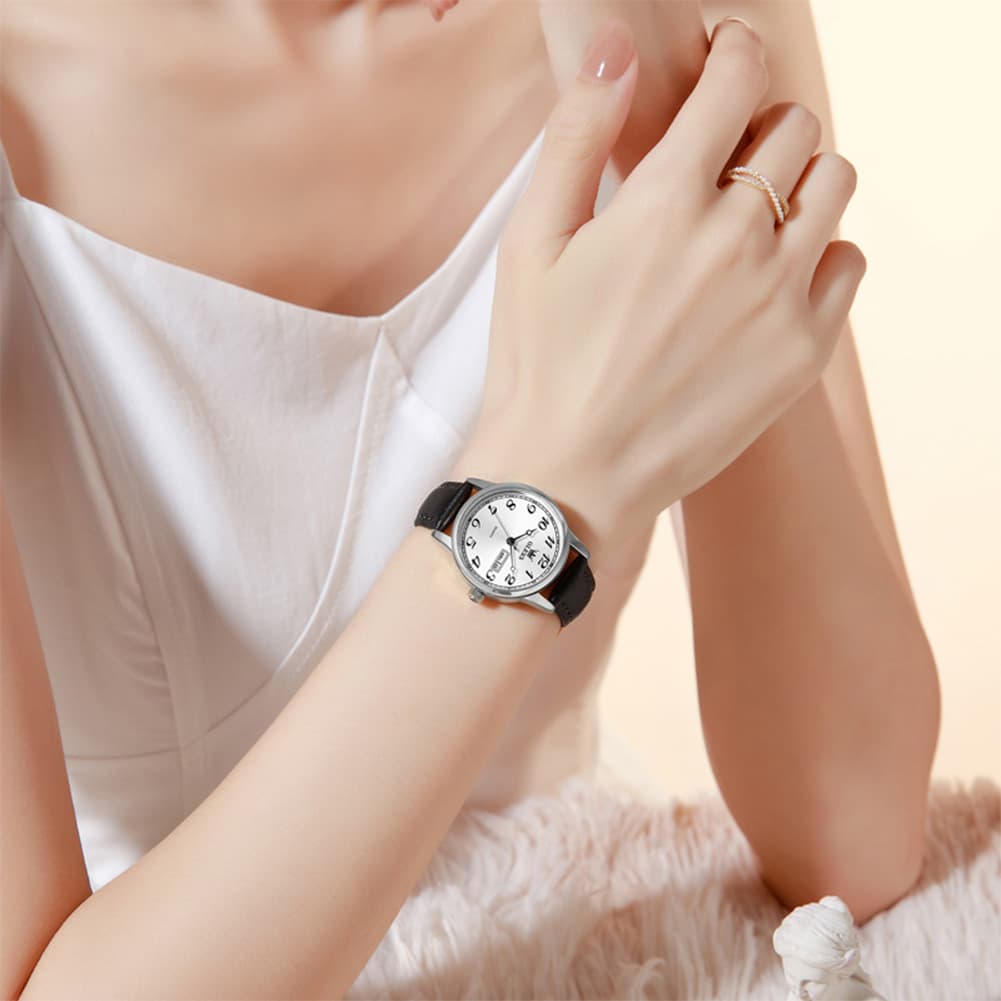 OLEVS 5662 Petite Vintage Quartz Watch Day Date Leather Strap Elegant Dress Timepiece for Women