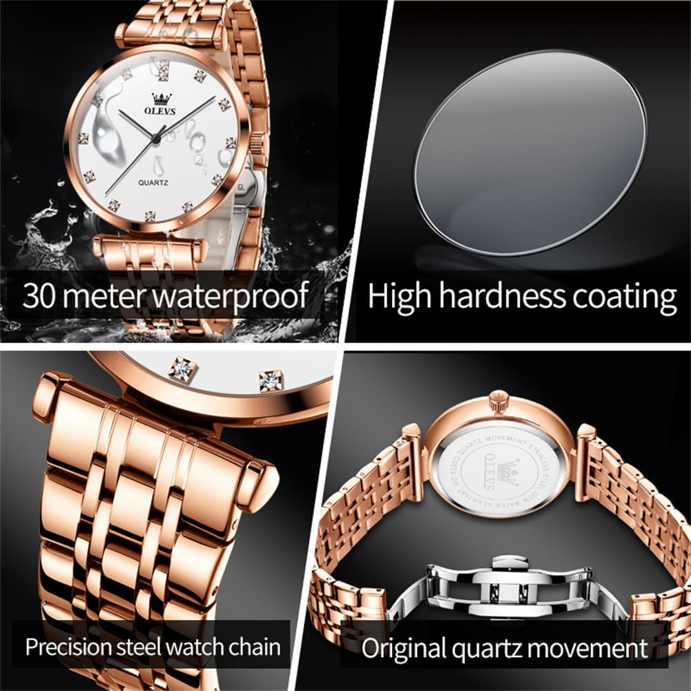 OLEVS Couple Watch Faceted Crystal Diamond Marker Stainless Steel Quartz 5596