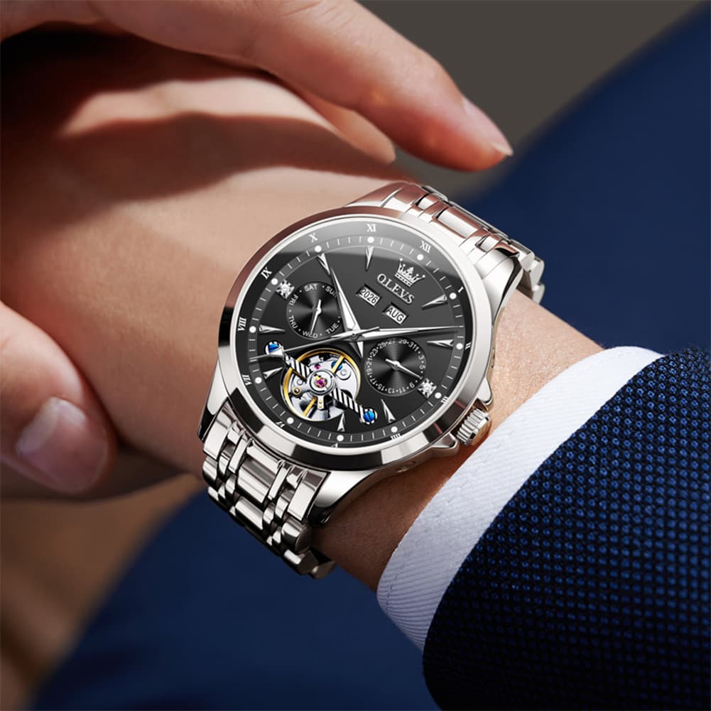 OLEVS 7091 Double Open Heart Multi-Function Automatic Watch For Men