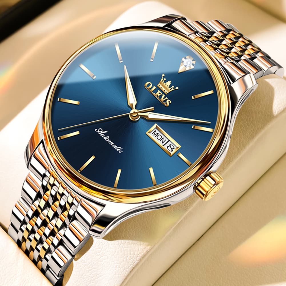OLEVS Minimalist Diamond Dial Day Date Automatic Watch 9960 for Men