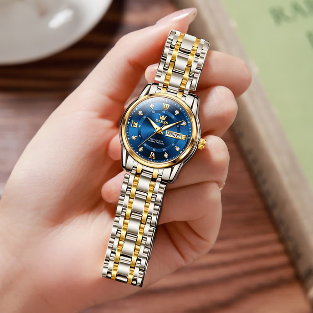 OLEVS Diamond Dial Day Date Quartz Watch 5513 Steel Band for Women