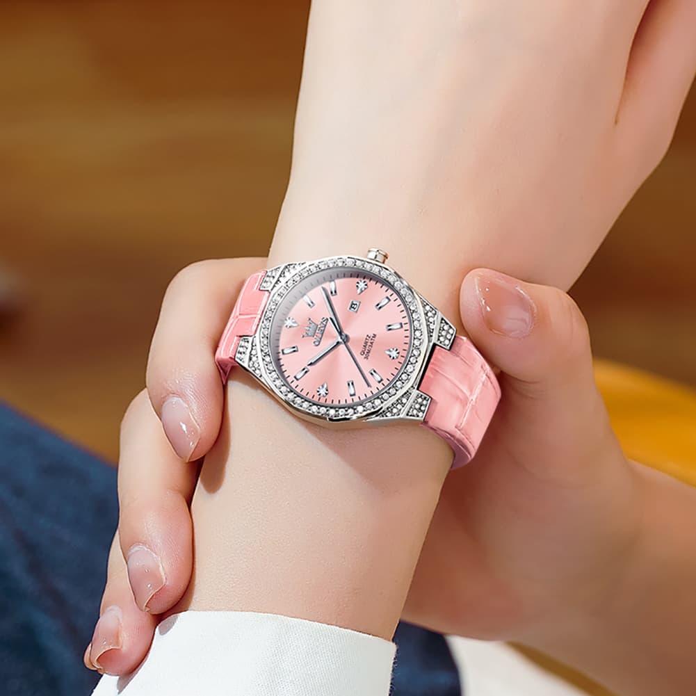 OLEVS Women Octagonal Watch Diamond Bezel Leather Strap Date Quartz 5606