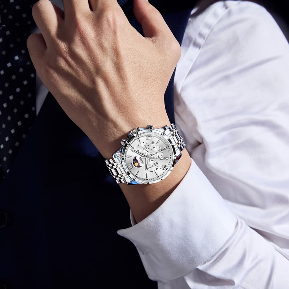 OLEVS 3653 Chronograph Moon Phase Sporty Dial Stainless Steel Watch For Men