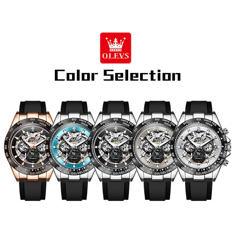 OLEVS 6713 Skeleton Silicone Sports Racing Mechanical Watch For Men