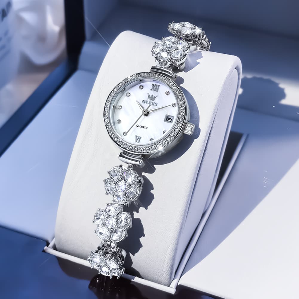 OLEVS Women Spinning Flower Watch Peach Blossom Crystal Mother of Pearl Date Quartz 5638