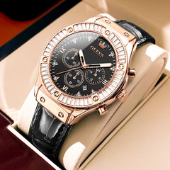 OLEVS 9978 Diamond Bezel Chronograph Leather Watch for Women