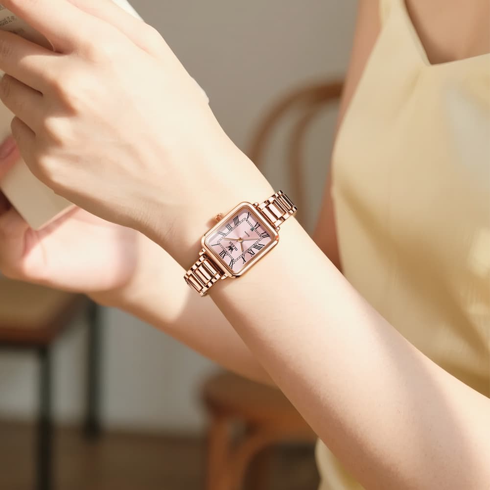 OLEVS Women Rectangular Dress Watch Retro Tank Stainless Steel Date Quartz 5641