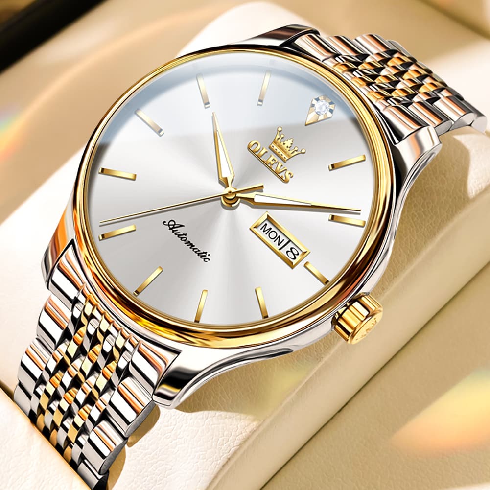OLEVS Minimalist Diamond Dial Day Date Automatic Watch 9960 for Men