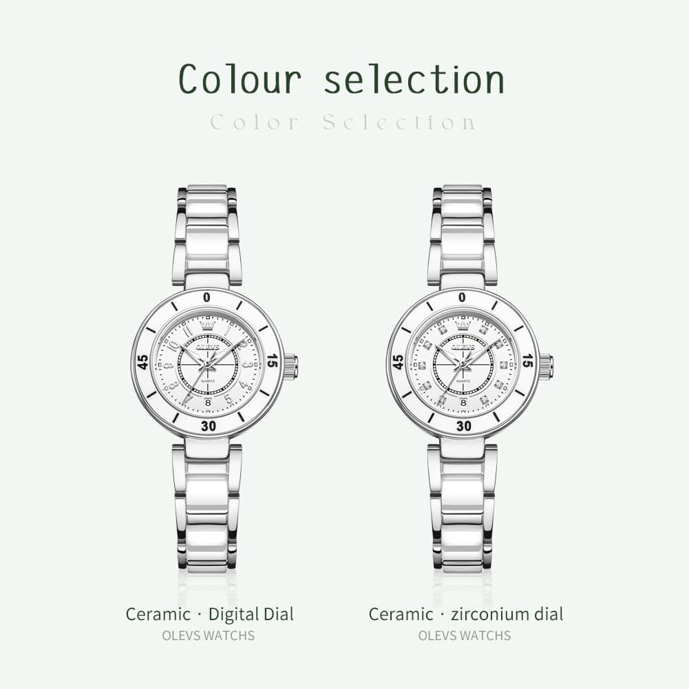 OLEVS 7083 White Ceramic Watch Sport Luxe Diamond Accent Stainless Steel Bracelet Quartz Timepiece for Women