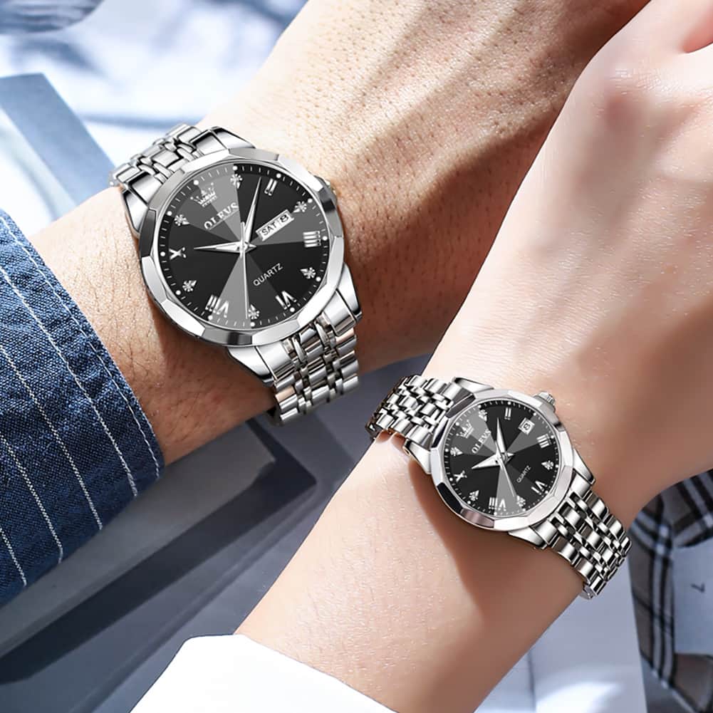 OLEVS 9931 Diamond Stainless Steel Couple Watch Set