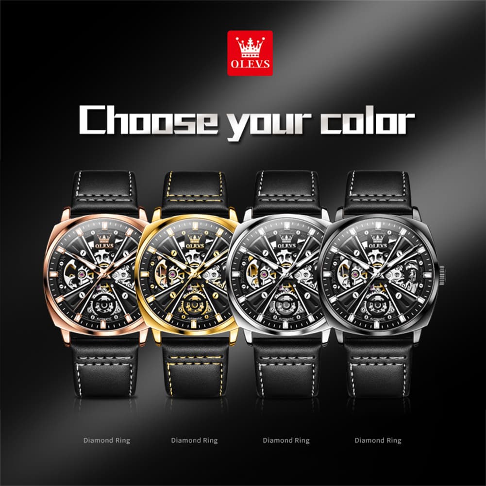 OLEVS 6685 Mechanical Skeleton Leather Watch for Men
