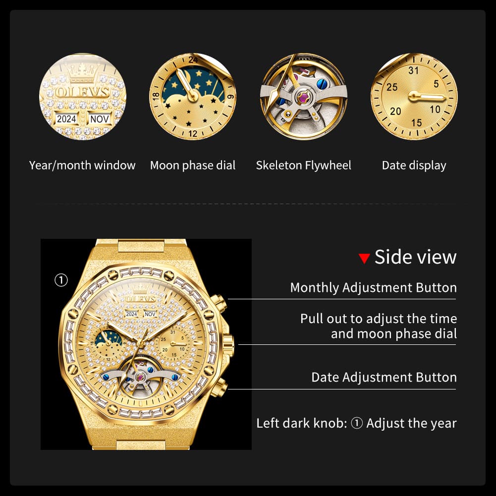 OLEVS Iced Out Moon Phase Skeleton Automatic Watch 9805 Calendar for Men