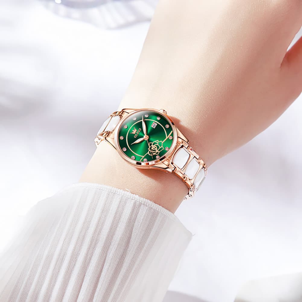 OLEVS 3606 Ceramic Rose Motif Quartz Watch for Women