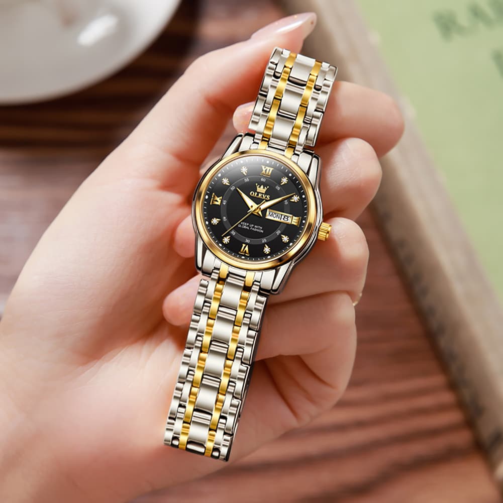 OLEVS Diamond Dial Day Date Quartz Watch 5513 Steel Band for Women