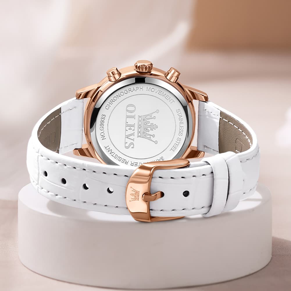 OLEVS 9933 Crystal Bezel Chronograph Leather Watch for Women