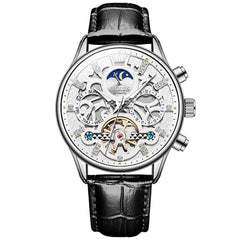 OLEVS 6658 Leather Skeleton Moon Phase Watch for Men