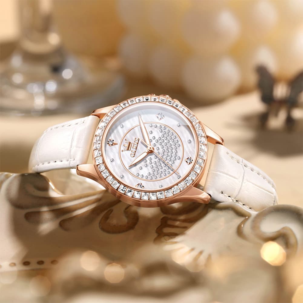OLEVS 3715 Diamond Mother of Pearl Leather Watch for Women