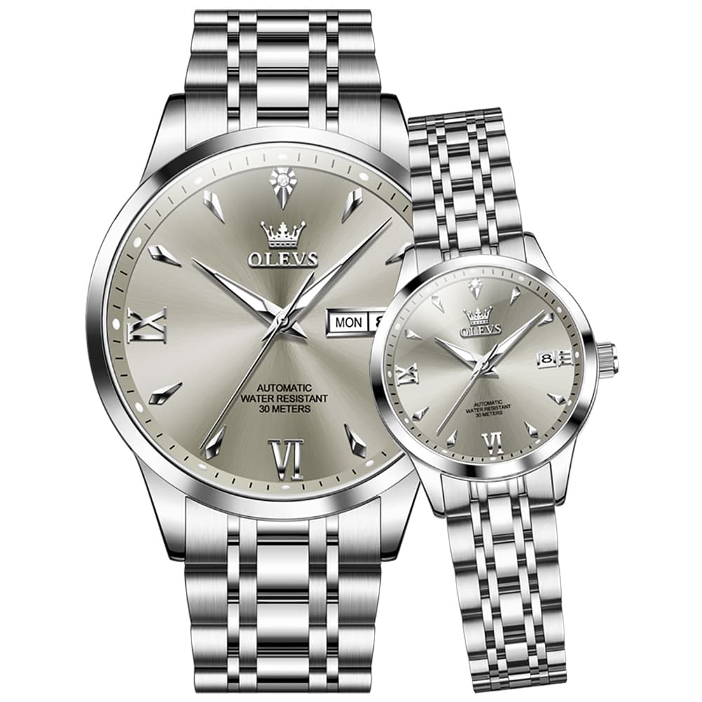 OLEVS Couple Watches Diamond Dial Automatic Mechanical Watch 9956 Steel Band for His and Hers