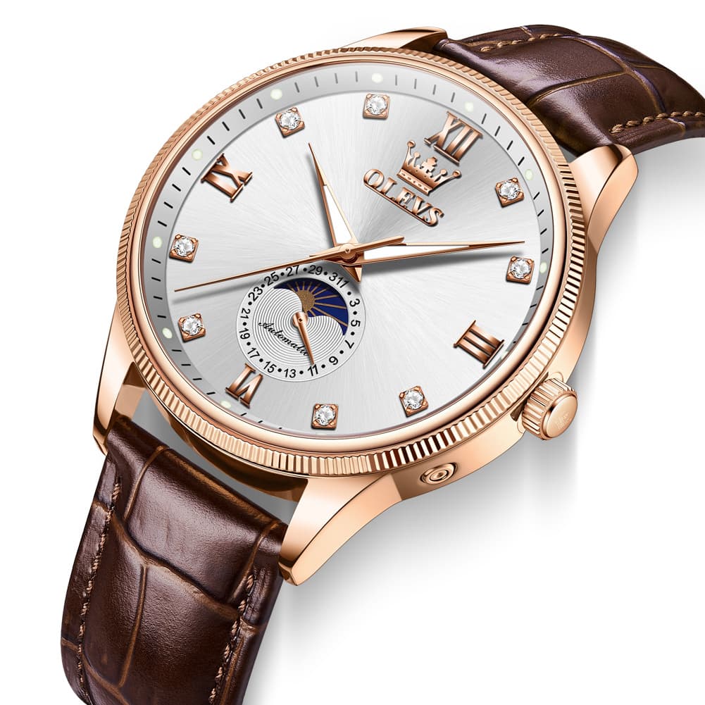 OLEVS 7039 Leather Moon Phase Mechanical Watch For Men