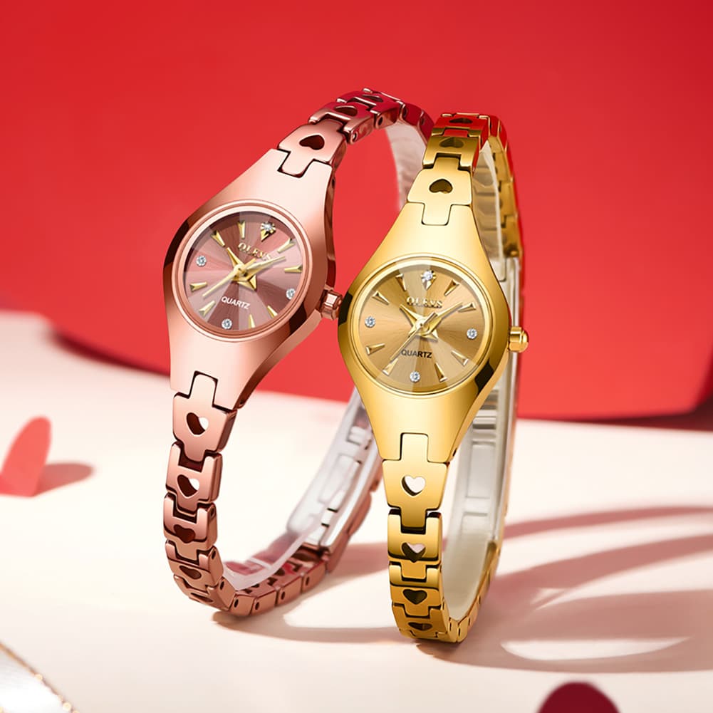 OLEVS 7082 Tungsten Steel Watch Dainty Heart Link Faceted Bracelet Diamond Accent Quartz Timepiece for Women