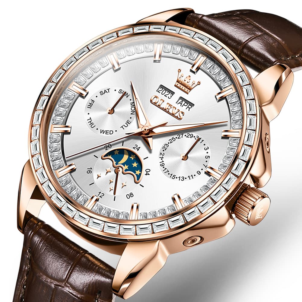 OLEVS 6695P Baguette Diamond Leather Mechanical Watch for Men