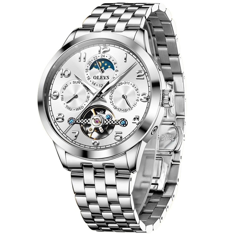 OLEVS 7018 Sun and Moon Skeleton Mechanical Watch for Men