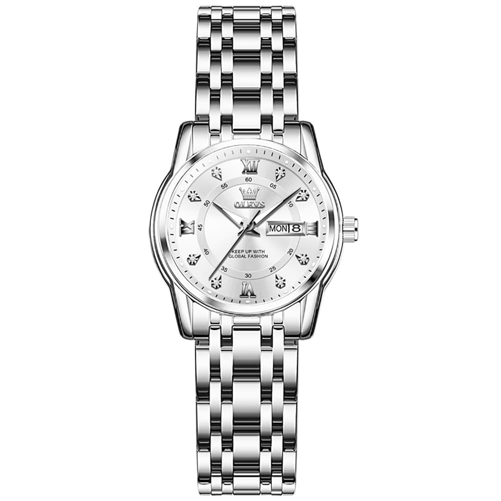 OLEVS Diamond Dial Day Date Quartz Watch 5513 Steel Band for Women