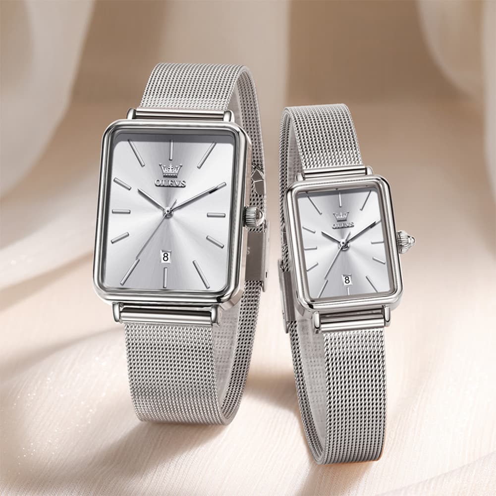 OLEVS 3692 Matching Couples Watch Set Rectangle Minimalist Mesh