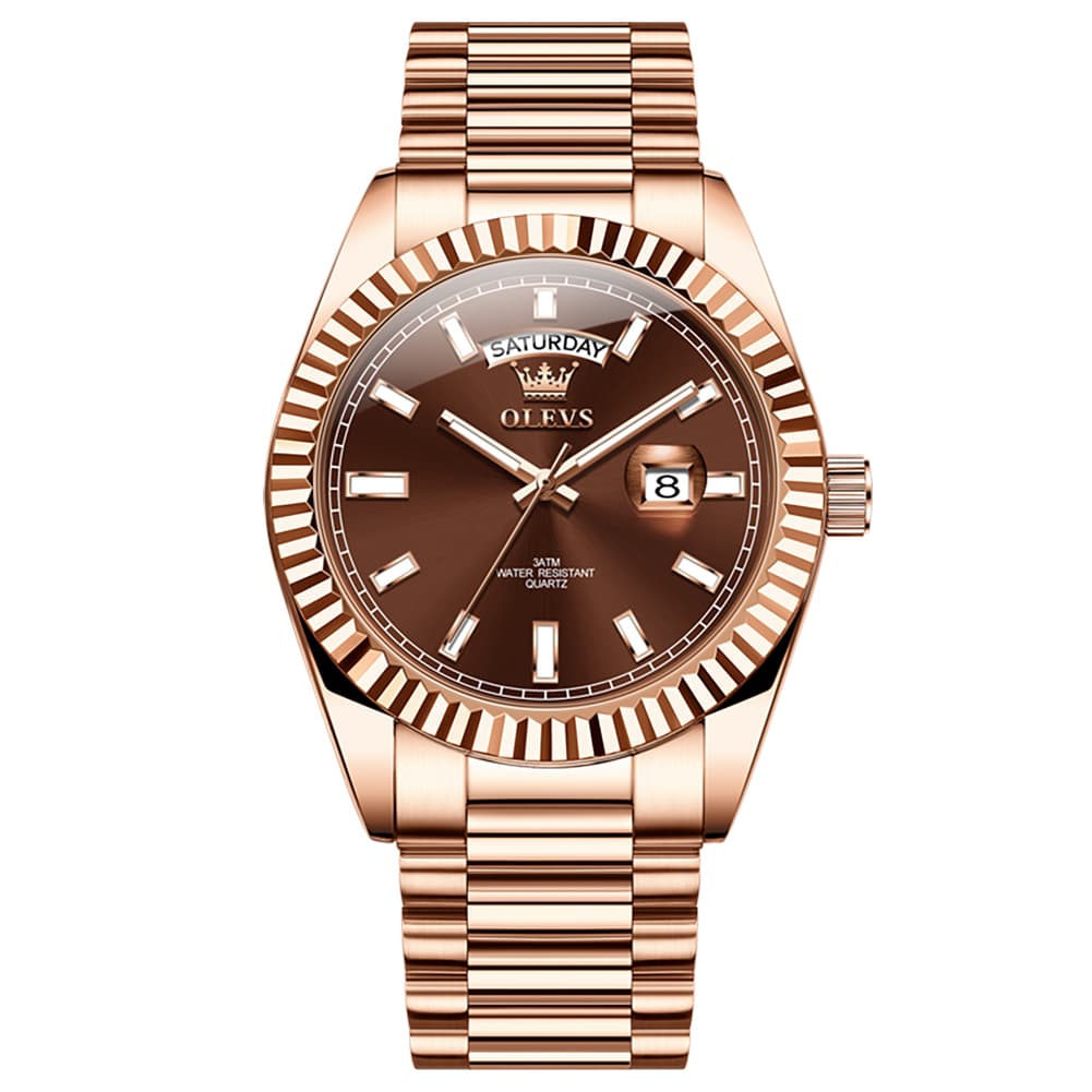 OLEVS 5650 Fluted Bezel Day Date Watch Stainless Steel Quartz Luxury Timepiece for Men