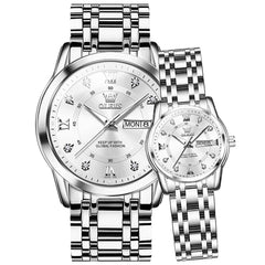 OLEVS Couple Watches Diamond Dial Day Date Quartz Watch 5513 Steel Band for His and Hers