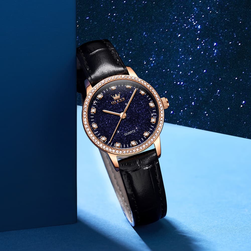 OLEVS Women Starry Sky Watch Diamond Bezel Leather Strap Quartz 5605