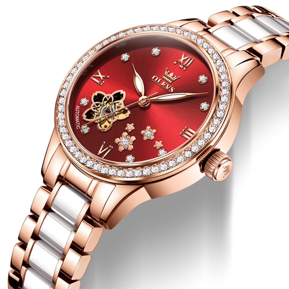 OLEVS 7074 Ceramic Open Heart Automatic Watch For Women