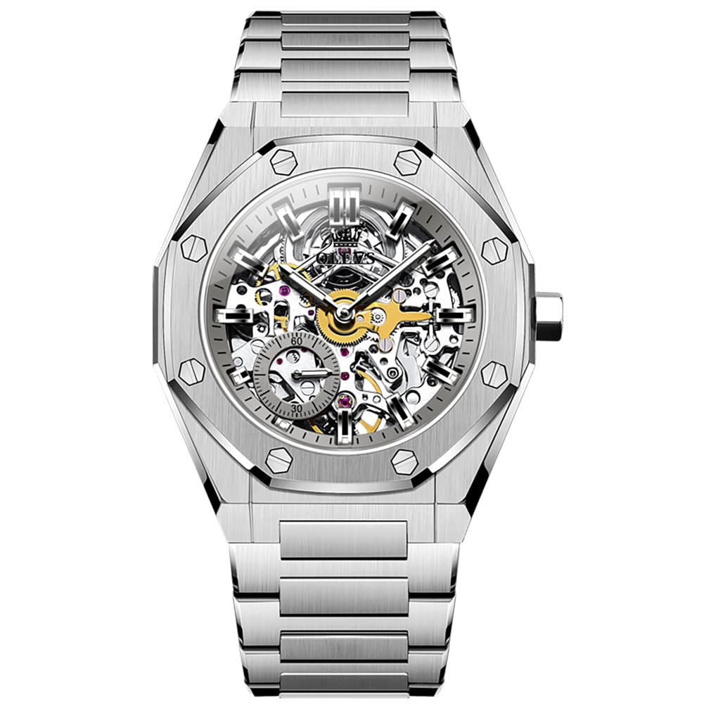 OLEVS 6669 Stainless Steel Octagonal Skeleton Watch for Men