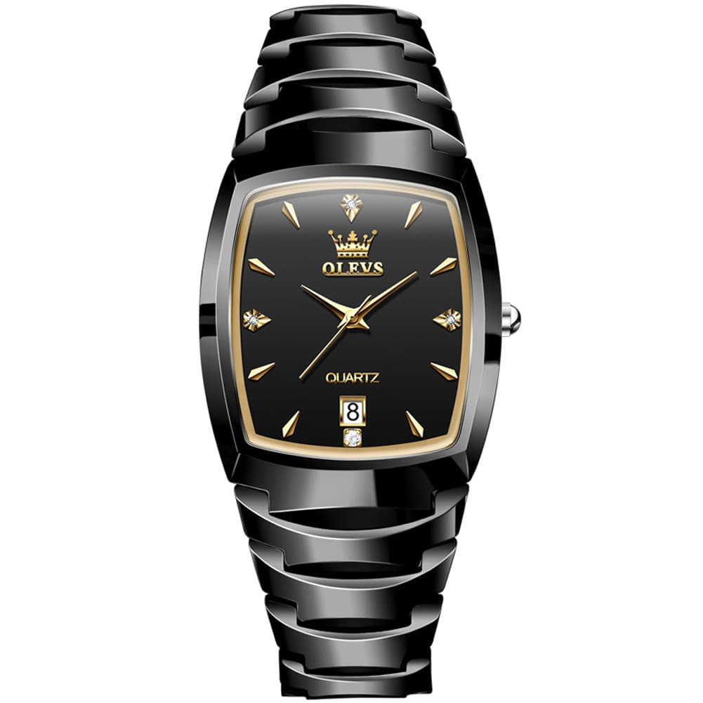 OLEVS 7006 Tungsten Steel Watch Tonneau Case Couple Diamond Accent Quartz Luxury Timepiece for Men and Women