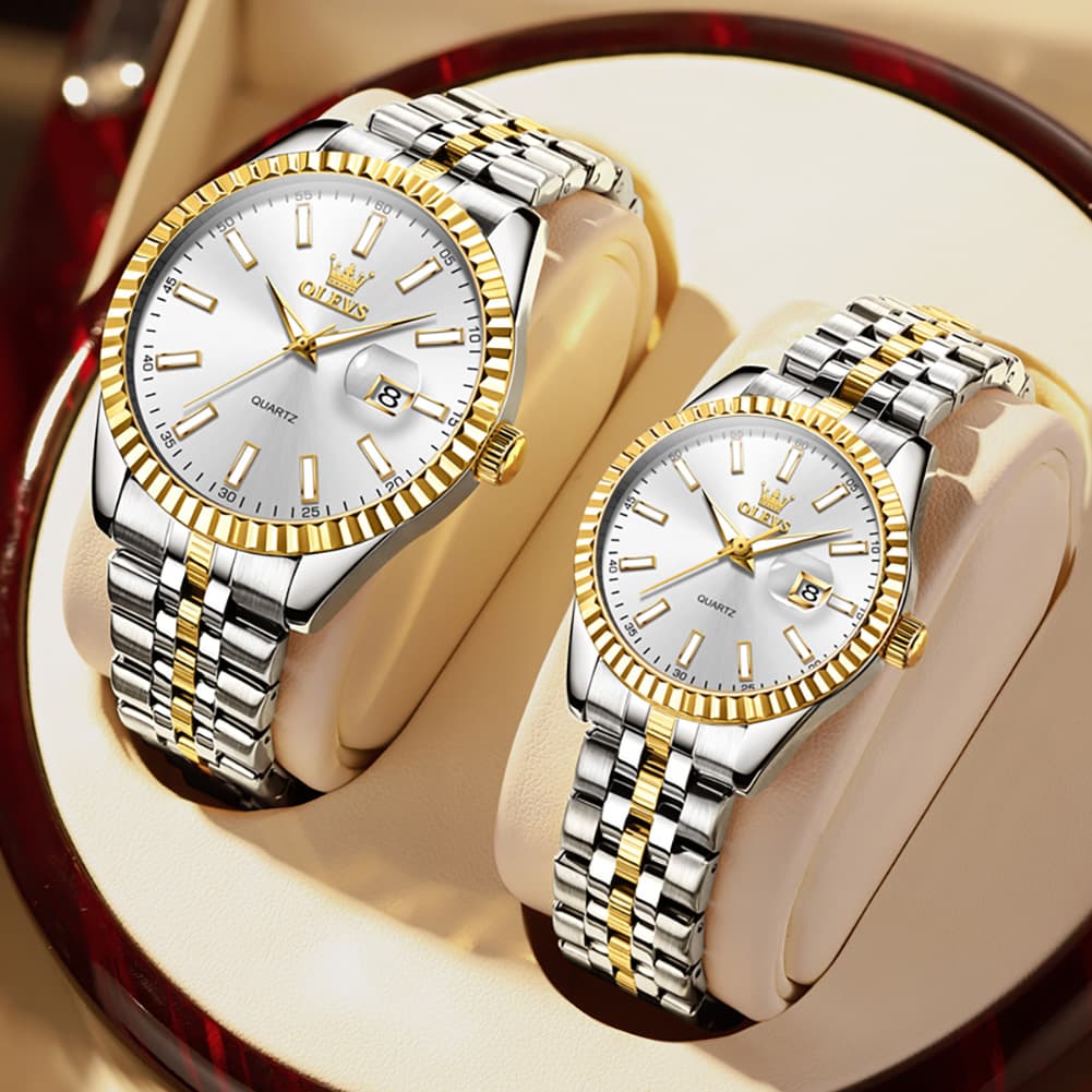 OLEVS Couple Watch Fluted Bezel Two Tone Stainless Steel Date Quartz 5593