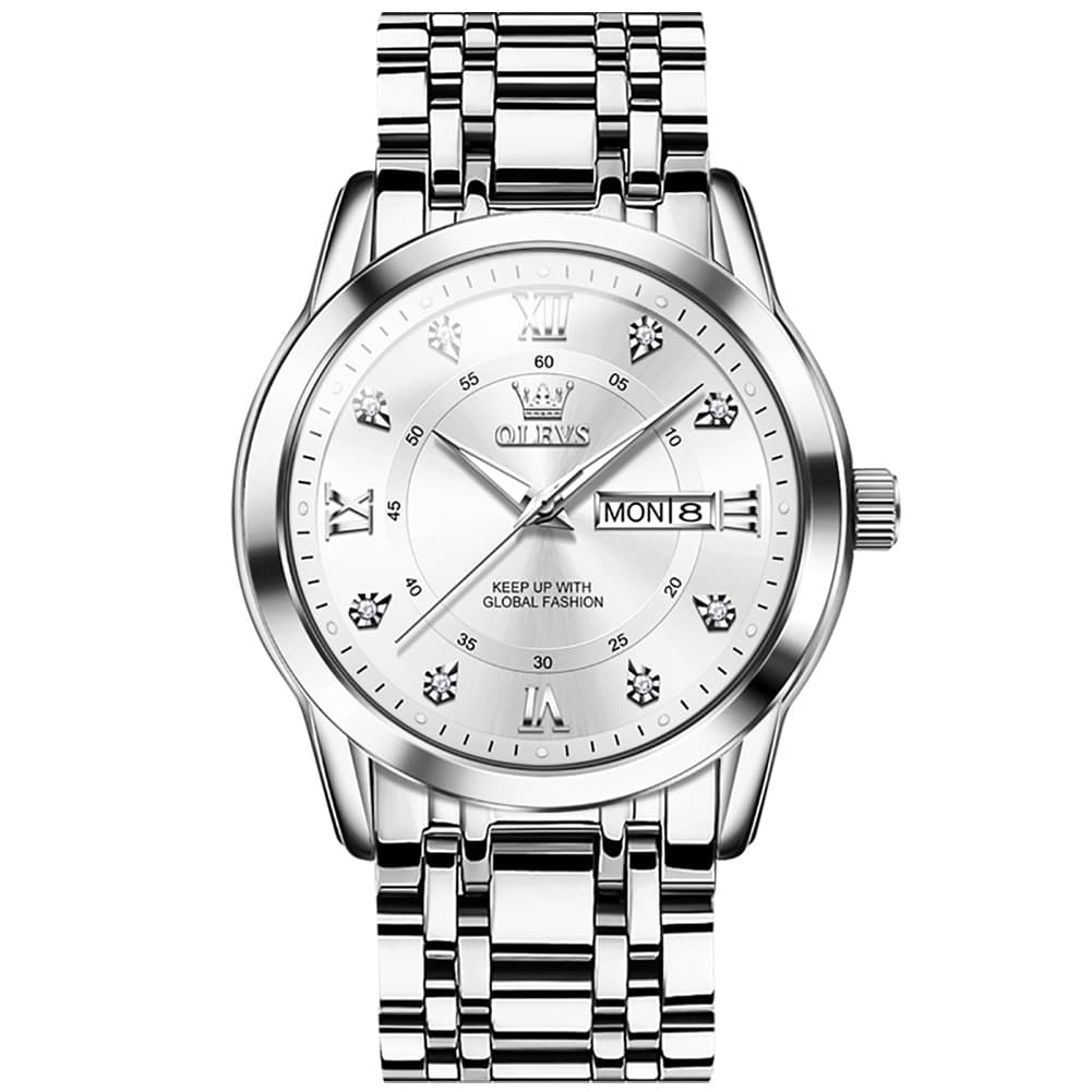 OLEVS Diamond Dial Day Date Quartz Watch 5513 Steel Band for Men
