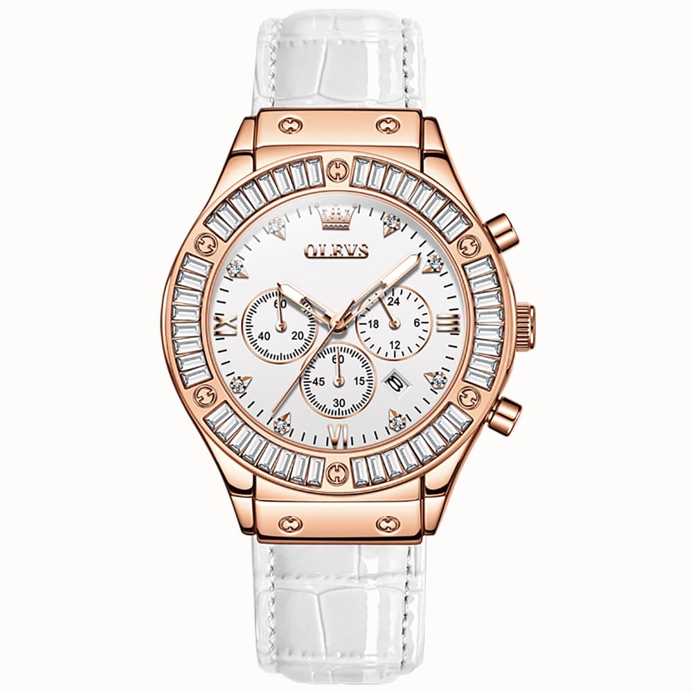 OLEVS 9978 Diamond Bezel Chronograph Leather Watch for Women