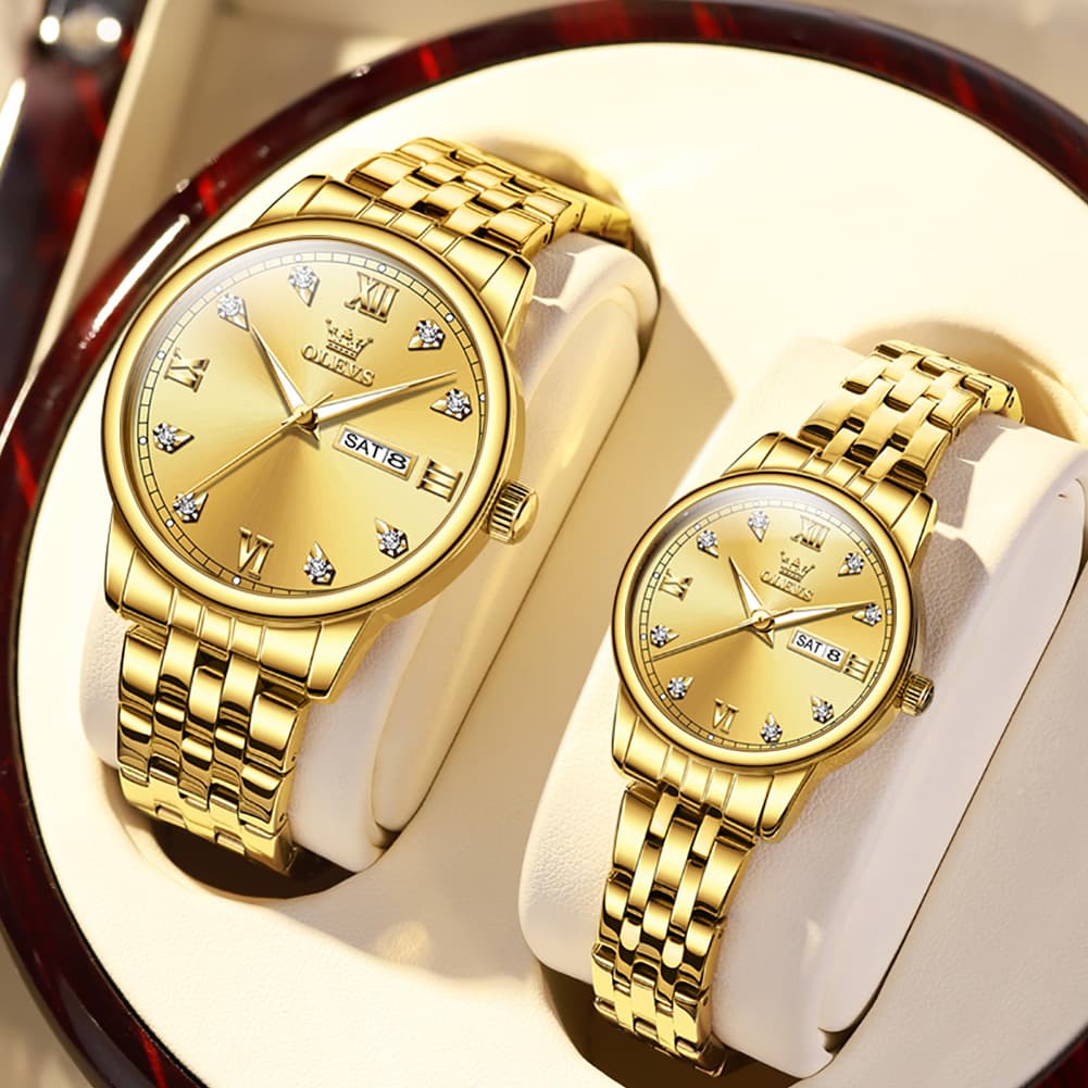 OLEVS Couple Watches Diamond Dial Day Date Quartz Watch 5525 Steel Band for His and Hers