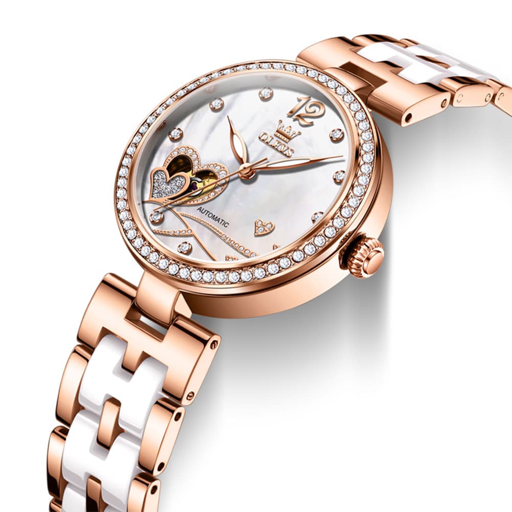OLEVS 7086 Ceramic Heart Open Heart Automatic Watch For Women