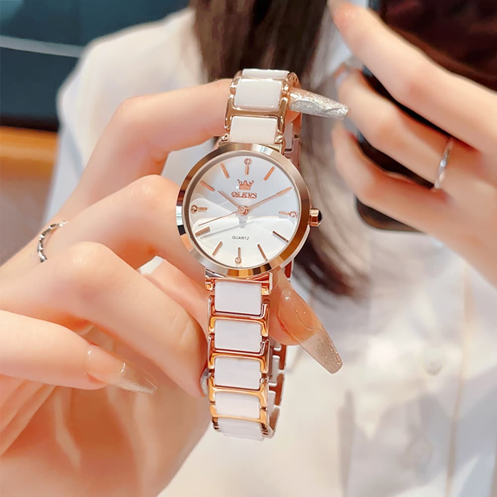 OLEVS 5877 Ceramic Bracelet Watch Rose Gold Minimalist Diamond Accent Japan Quartz Luxury Timepiece for Women