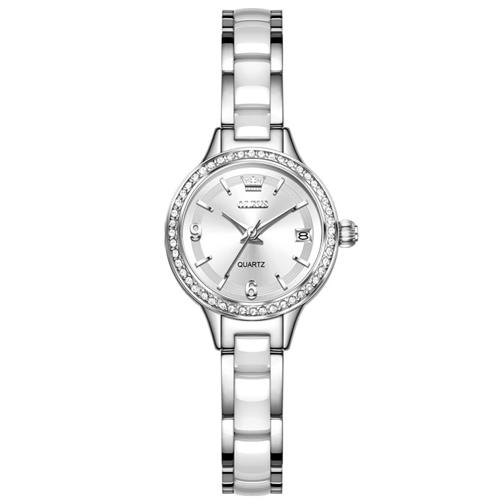 OLEVS 7093 White Ceramic Watch Women Dainty Diamond Bezel Date Quartz Jewelry Timepiece