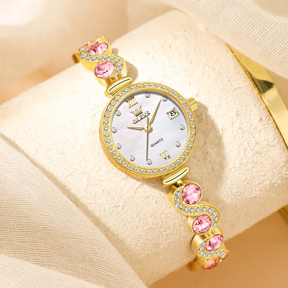 OLEVS Women Jewelry Bracelet Watch Pink Diamond Mother of Pearl Date Quartz 5633