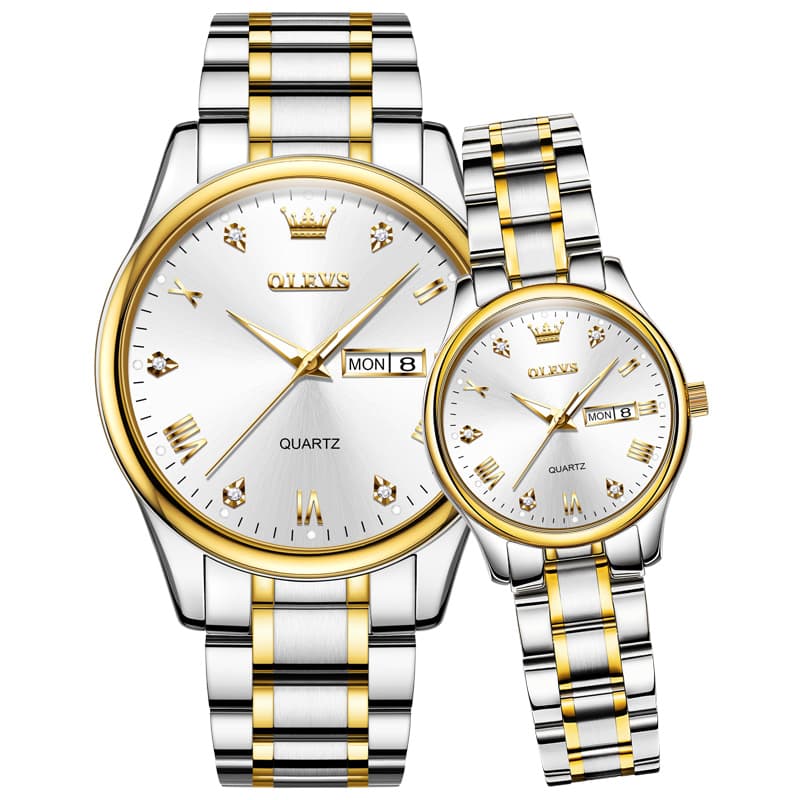 OLEVS His and Hers Couple Watches Set Two Tone Stainless Steel Quartz Day Date 5563Q