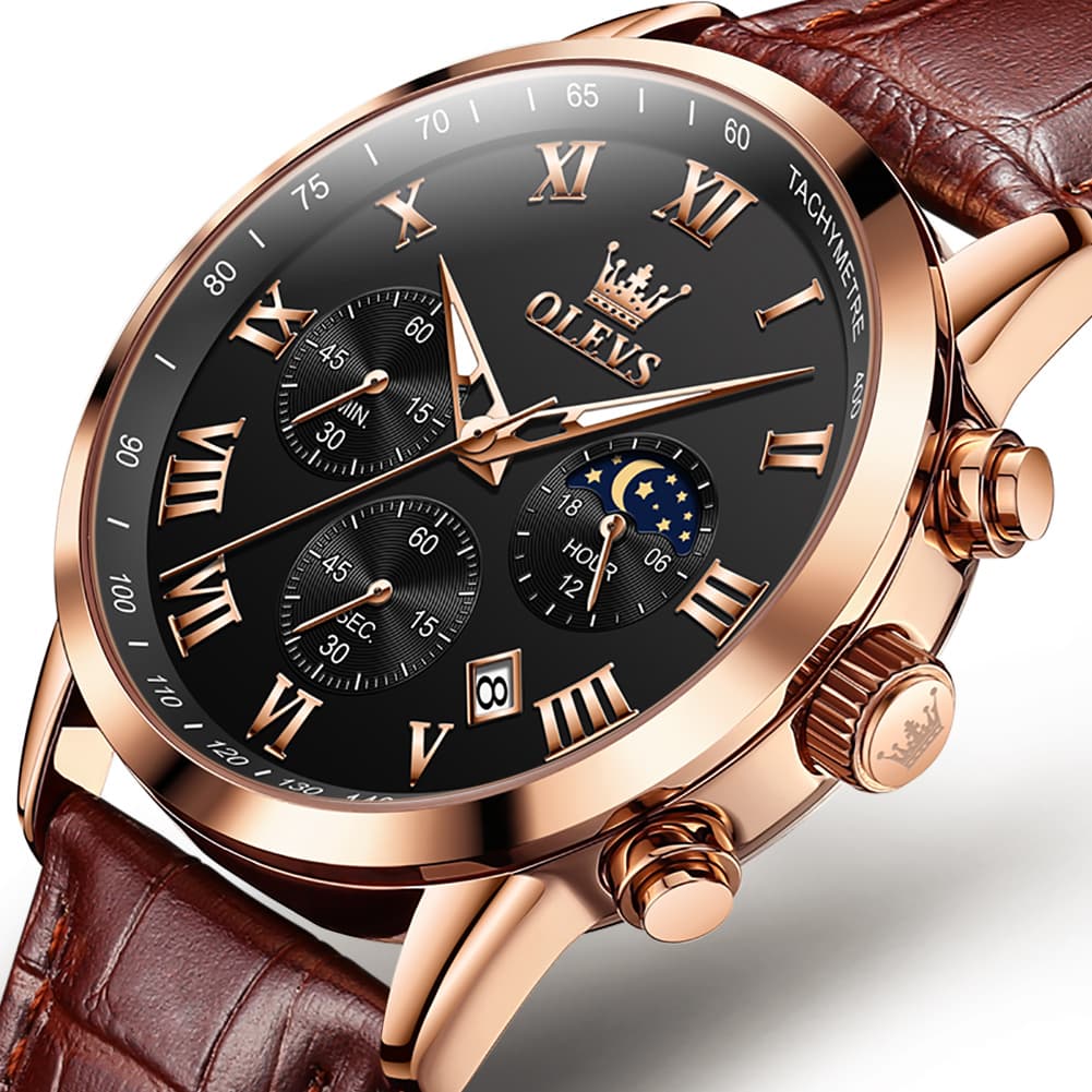 OLEVS Chronograph Moon Phase Dress Watch Leather Strap for Men 5529