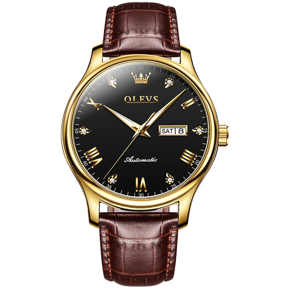 OLEVS Couple Watches Diamond Dial Automatic Mechanical Watch 9932 Leather Strap for His and Hers